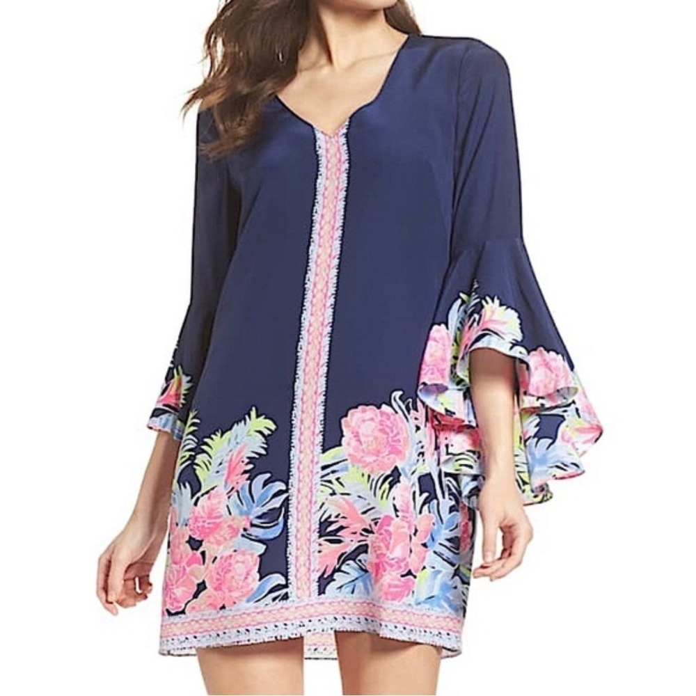 Lilly Pulitzer Tropicolada Silk‎ Rosalia Dress Navy Blue Floral Bell Sleeve 2